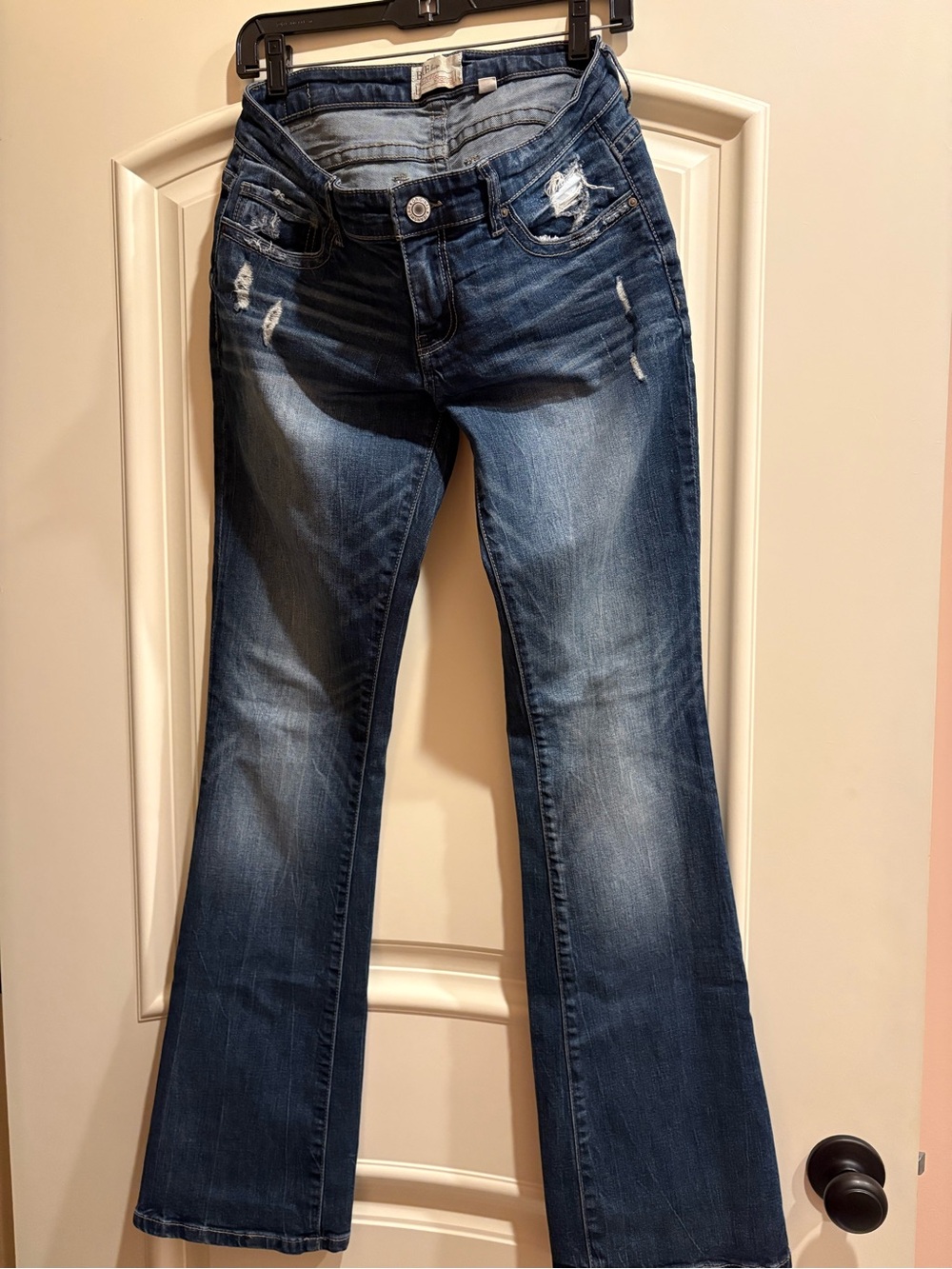 BKE Women’s Dark Blue Flare Jeans with Distressed Detail